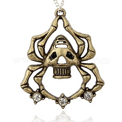 Halloween Spider Jewelry Alloy Rhinestone Large Pendants, Antique Bronze, Nickel Free, Crystal, 55.5x46x5mm, Hole: 3mm