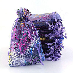 長方形プリント オーガンジー 巾着バッグ  カラフルな珊瑚模様  ミディアムスレートブルー  9x7cm