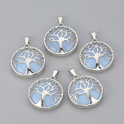 Opalite Pendants, with Brass Findings, Flat Round with Tree of Life, Platinum, 30.5x27x8mm, Hole: 7x3mm