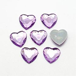 Cabochons de strass à dos plat en acrylique, facette, fond argenté, cœur, support violet, 25x25x4.5~4.8mm