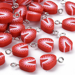 Amuletos de arcilla polimérica hechos a mano, con fornituras de hierro, alimento de imitación, fresa, Platino, rojo, 12.5~14x9~10x5~6mm, agujero: 1.8 mm