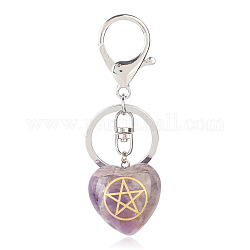 Natural Amethyst Heart with Kore Symbol Keychain, Reiki Energy Stone Keychain for Bag Jewelry Gift Decoration, 9.5x3cm