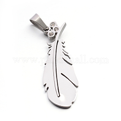 304 Stainless Steel Rhinestone Large Feather Pendants, Stainless Steel Color, 51x18.5x3.5mm, Hole: 5x10.5mm
