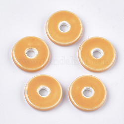 Abalorios de porcelana hechas a mano, porcelánico esmaltado brillante, Disco redondo plano, naranja, 21~22x6mm, agujero: 5 mm