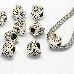 Alloy European Beads, Large Hole Beads, Heart, Hollow, Antique Silver, 10.5x10.5x8mm, Hole: 5mm