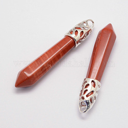 Jaspe rouge naturel gros pendentifs pointus, avec les accessoires en alliage, balle, platine, 57~63x13x10mm, Trou: 3x4mm