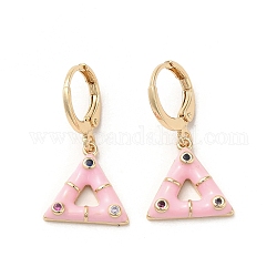 Orecchini pendenti a forma di triangolo in vero ottone placcato oro 18k, con smalto e zirconi, roso, 27x13.5mm