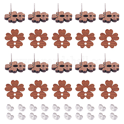 Unicraftale 30 Stück Blumen-Ohrstecker aus Walnussholz, Mit 316 Edelstahlstift und -loch und 30 Stück 304 Edelstahl-Ohrmuttern, Sienaerde, 17x18 mm, Bohrung: 1.8 mm, Stift: 0.7 mm