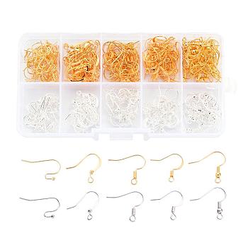 1 Box Five Styles Brass Earring Hooks, Golden and Silver, Mixed Color, 16~21x12~19mm, Hole: 2mm, Pin: 0.6mm, about 20pcs/compartment, 200pcs/box