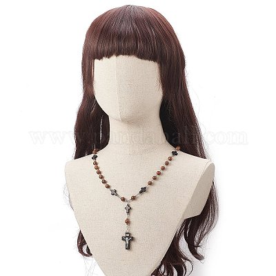 天然木の数珠ネックレス 女性用合成ターコイズクロスペンダント 