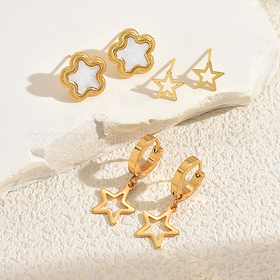 3 пара серег из нержавеющей стали с цветком и полой звездой BQ9820-1