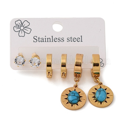 Комплект из плоских круглых серег-гвоздиков и колец из нержавеющей стали 304 для женщин&nbsp;LS-EJEW-U063-03G-1