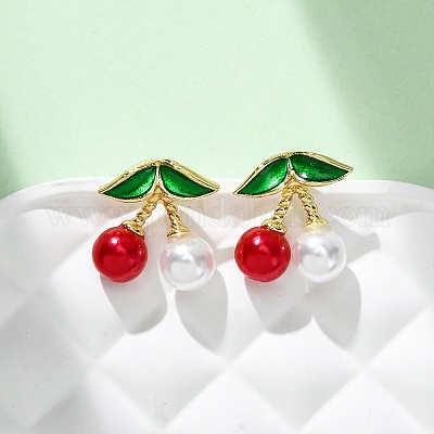 Серьги-гвоздики из вишневой латуни и АБС-пластика с жемчугом EJEW-U062-04B-01G-1