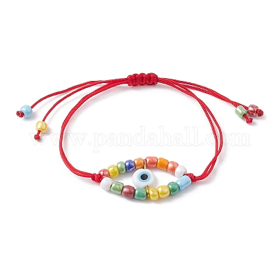 Регулируемый браслет «Сглаз» из лэмпворка и плетеных бусин BJEW-JB09487-1