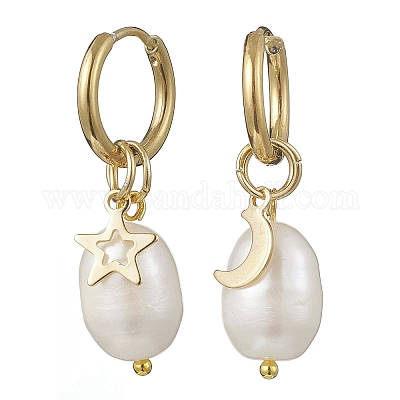 Серьги-кольца из натурального культивированного пресноводного жемчуга с рисунком в виде звезды и луны EJEW-JE06743-1