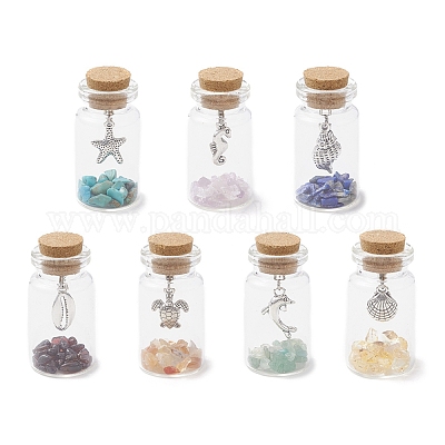 7 шт. натуральные лазурит/аметист/сердолик/цитрин/гранат/зеленый авантюрин чип и сплав подвески целебные кристаллы бутылки желаний AJEW-JD00019-1