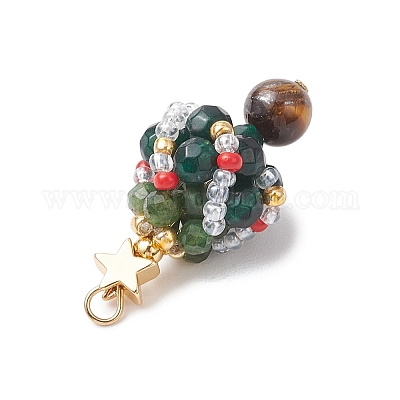 Подвески в виде елки из натурального оникса круглой формы (окрашенного и нагретого) и фуксита и стеклянных бусин PALLOY-MZ00806-1