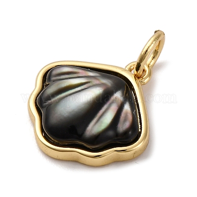 Подвески из натуральной черной ракушки в латунной оправе KK-P308-05G-01-1