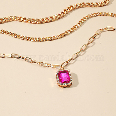 3 шт. элегантный сплав фуксии горный хрусталь прямоугольный кулон 3 слоя ожерелья наборы QV2693-1-1