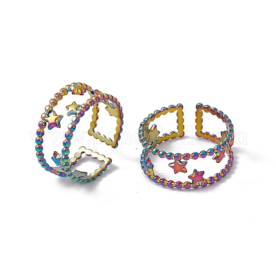 Ионное покрытие (ip) 304 нержавеющая сталь звезды двойная линия открытое кольцо-манжета для женщин RJEW-C045-24M-1