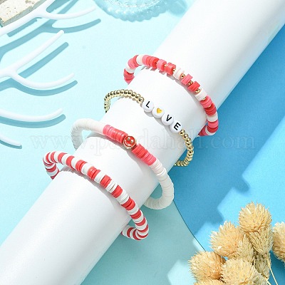 BEEFLYING Heishi Surfer - Set di braccialetti da surf, in argilla polimerica, impilabile, con dischi boho, braccialetti in corda elastica per feste in spiaggia, serie rosa