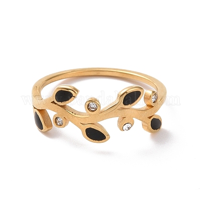 Кольцо на палец с кристаллами и стразами в виде листа с эмалью RJEW-D120-20B-G-1