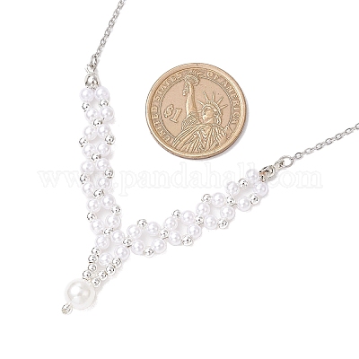 АБС-пластик имитация жемчуга круглая бисерная подвеска V латунная цепочка ожерелья NJEW-JN05299-1