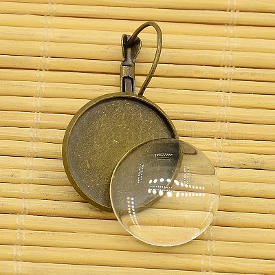 Латунные компоненты серьги-обруча и плоские круглые прозрачные стеклянные кабошоны KK-X0004-NF-1