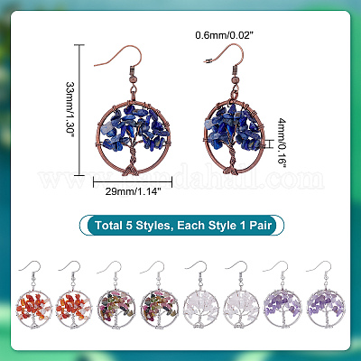 5 пара 5 стильных серег с подвесками в виде дерева жизни из натурального смешанного камня в обертке EJEW-UN0001-97-1