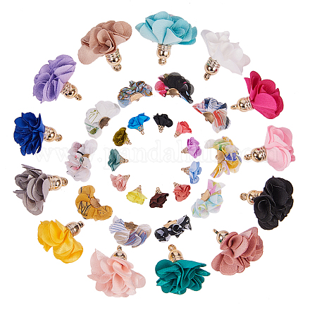 SUNNYCLUE 60pcs 3 Style 3D Cloth Flower Charms Pendants Fabric Floral Petal Tassel with Metal Caps Key Chain for Jewelry Making FIND-SC0001-01-1
