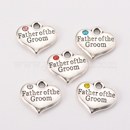 Wedding Theme Antique Silver Tone Tibetan Style Heart with Father of the Groom Rhinestone Charms X-TIBEP-N005-13-1