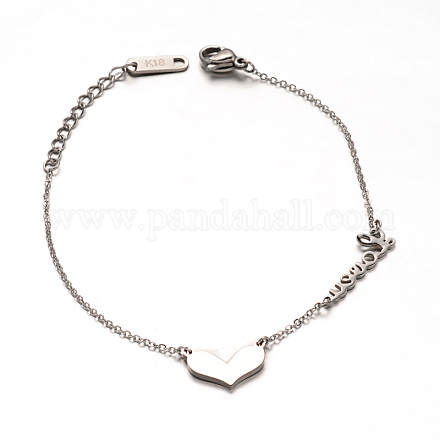 304 Stainless Steel Heart Charm Bracelets BJEW-L543-17P-1
