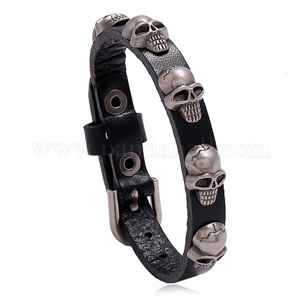 Bracelet en cuir de vachette clouté avec rivet crâne en alliage SKUL-PW0004-33A-1