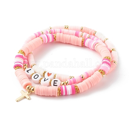 Ensembles de bracelets extensibles de perles heishi en argile polymère pour la saint valentin BJEW-JB06298-03-1