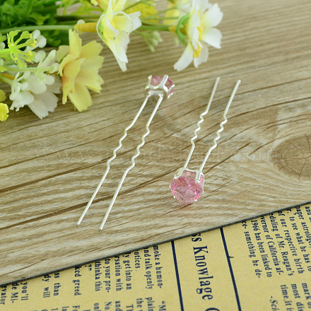 Lady's Hair Accessories Silver Color Plated Iron Glass Rhinestone Heart Hair Forks PHAR-S188-03-1