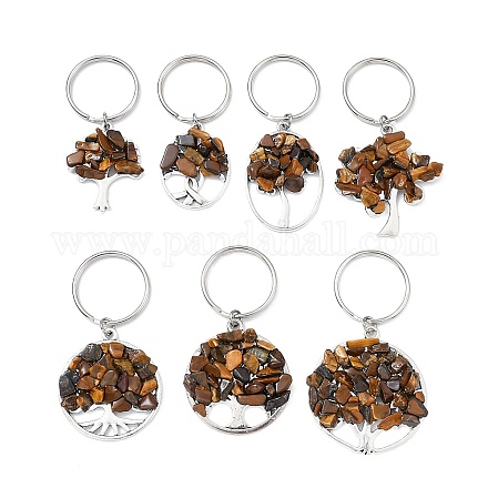 Natural Tiger Eye Chip & Alloy Tree of Life Pendant Keychain KEYC-JKC00648-07-1