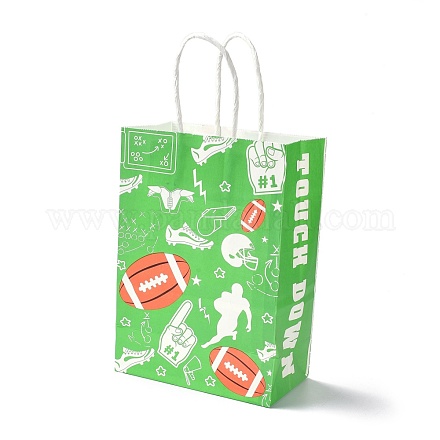 長方形の紙袋  ハンドル付き  ギフトバッグやショッピングバッグ用  スポーツのテーマ  ラグビー模様  ライムグリーン  14.9x8.1x21cm CARB-B002-06G-1