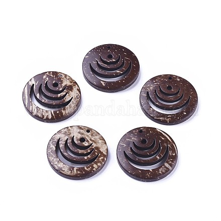 2-Hole Coffee Tone Flat Round Coconut Pendants X-COCO-I002-065-1