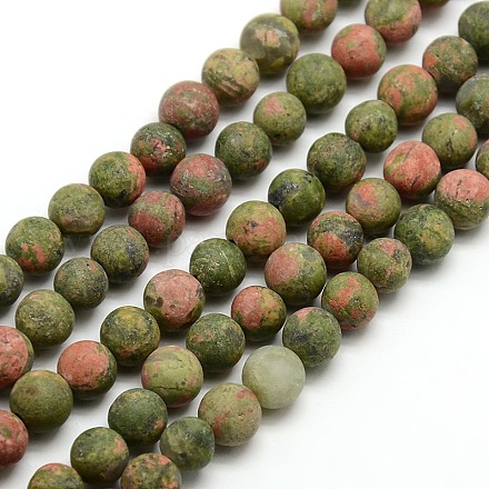 Natural Frosted Unakite Round Bead Strands G-M064-8mm-06-1