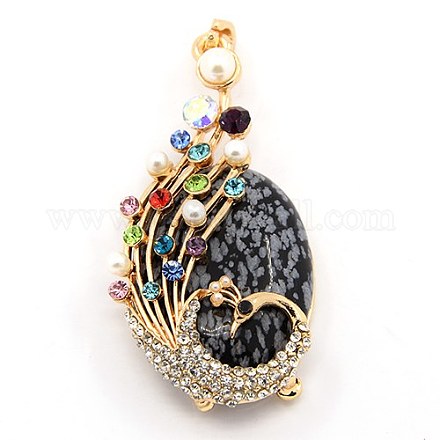 Multi-Color Alloy Rhinestone Peacock Setting with Oval Natural Gemstone Big Pendants G-M036-06G-1