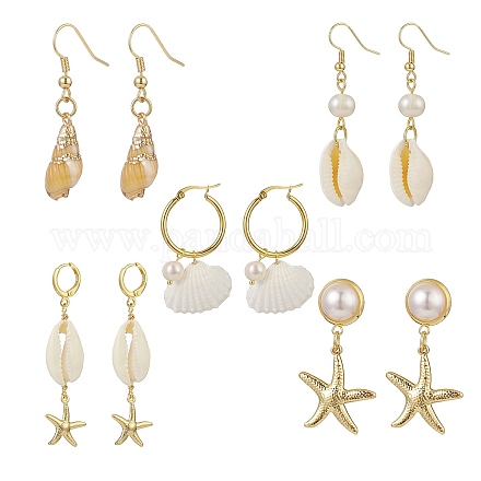 5 paio di conchiglie naturali in stile 5 con orecchini pendenti con perline di perle EJEW-TA00179-1