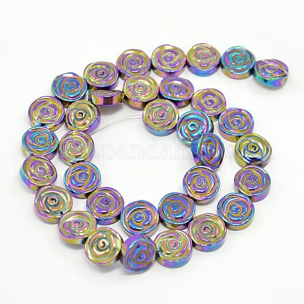 Electroplate Gorgeous Flat Round Carved Rose Non-magnetic Synthetic Hematite Beads Strands G-F141-04M-1