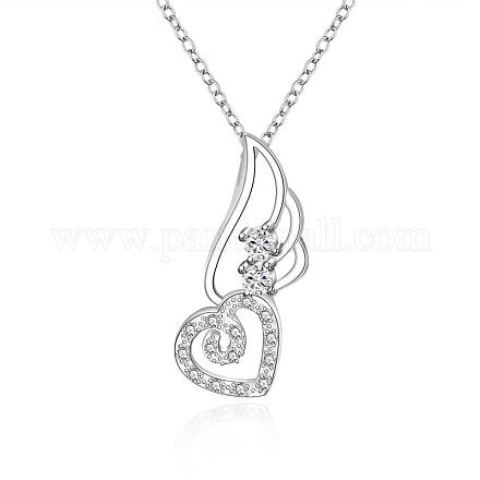 Silver Color Plated Brass Cubic Zirconia Heart with Wing Pendant Necklaces NJEW-BB10243-1