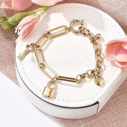 Браслеты с подвесками в виде скрепок и цепочек Rolo из нержавеющей стали 304 для женщин BJEW-C089-03G-1