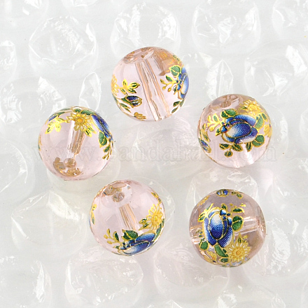 Perles rondes imprimées de motif de fleur rose en verre GFB-R004-10mm-W05-1