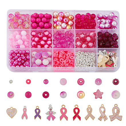 SUPERFINDINGS 723PCS DIY Breast Cancer Awareness Jewelry Making Finding Kit 9 Styles Alloy Enamel Ribbon Heart Wing Pendants 14 Styles Beads for Bracelet Necklace Earrings Making DIY-FH0005-56-1