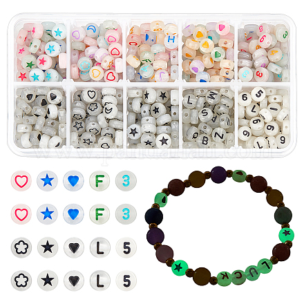 CHGCRAFT 750pcs 10 Style Glow in The Dark Charm Bead Luminous Alphabet Beads Round Acrylic Letter Beads Number Star Heart Beads for DIY Bracelet Necklace Jewelry Making Supplies 7×3.5~4mm LACR-CA0001-01-1