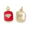 Brass Micro Pave Cubic Zirconia Charms, Cadmium Free & Nickel Free & Lead Free, Enamel Style, Real 18K Gold Plated, Rectangle with Diamond Pattern Charms, with Jump Ring, Red, 16x11x2mm, Hole: 3.3mm