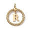 304 Stainless Steel Pendants, Twisted Flat Round with Letter, Ion Plating(IP), Real 18K Gold Plated, with Jump Rings and 201 Stainless Steel Beads, Letter R, 27x23.5~24x6mm, Hole: 3mm