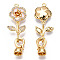 Brass Crystal Rhinestone Fold Over Clasps, with Enamel, Real 18K Gold Plated, Flower, White, Flower: 17x12x4mm, Leaf: 15x12.5x4.5mm, Clasps: 12x7x6mm, Inner Diamater: 4.5mm, Pin: 0.6mm